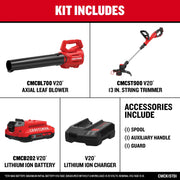 Craftsman CMCK197D1 graphics kit with CMCBL700 V20 leaf blower, CMST900 V20 string trimmer, battery, charger, accessories.