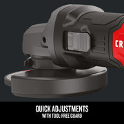 Close-up side view of Craftsman angle grinder CMEG100 with tool-free guard for quick adjustments.