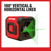 A red and black Craftsman laser level tool projecting green vertical and horizontal lines at a 100-degree angle. The text above the tool says '100° VERTICAL & HORIZONTAL LINES.' The image is framed by a red border.