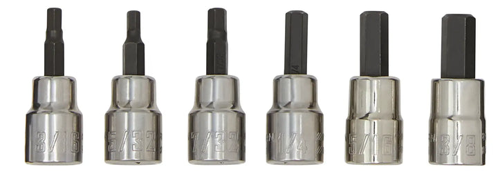 Photo of six CRAFTSMAN hex bit sockets, chrome finish, assorted sizes, SKU CMMT34447, straight-on white background.