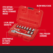 Photo of Craftsman socket set CMMT34871 with chrome sockets and ratchet in red blow mold case, angled view.