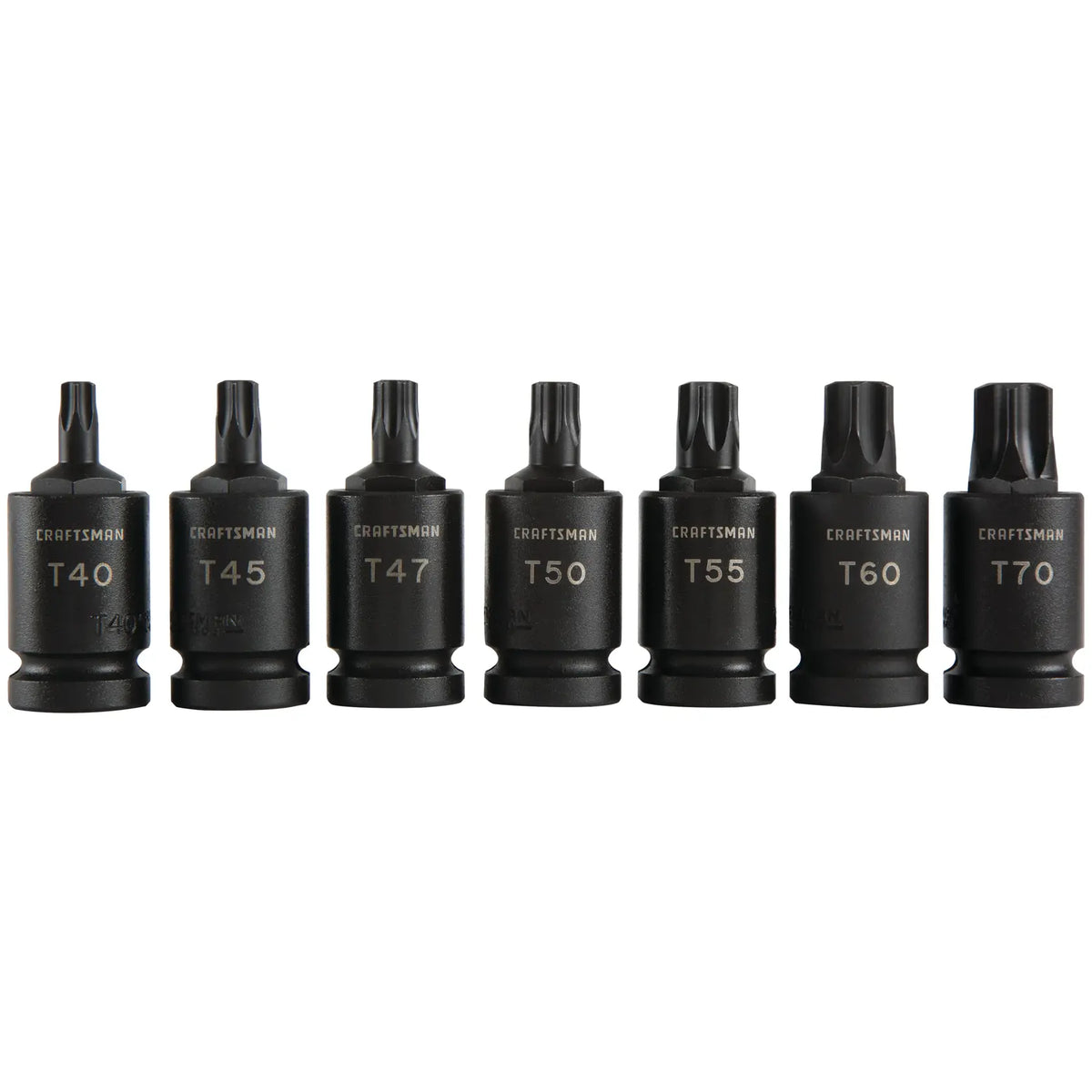 Photo of Craftsman 7-piece black Torx bit socket set, SKU CMMT50839, front angle, arranged in a row on white background.