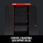Front angle photo of Craftsman storage cabinet CMST23201RB, black with red trim, featuring 3 shelves, 2 adjustable.