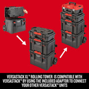 Photo of Craftsman VERSASTACK XL rolling tower storage system, SKU CMST60420, showing stackable black and red toolboxes and adapter for connecting VERSASTACK units, on white background.