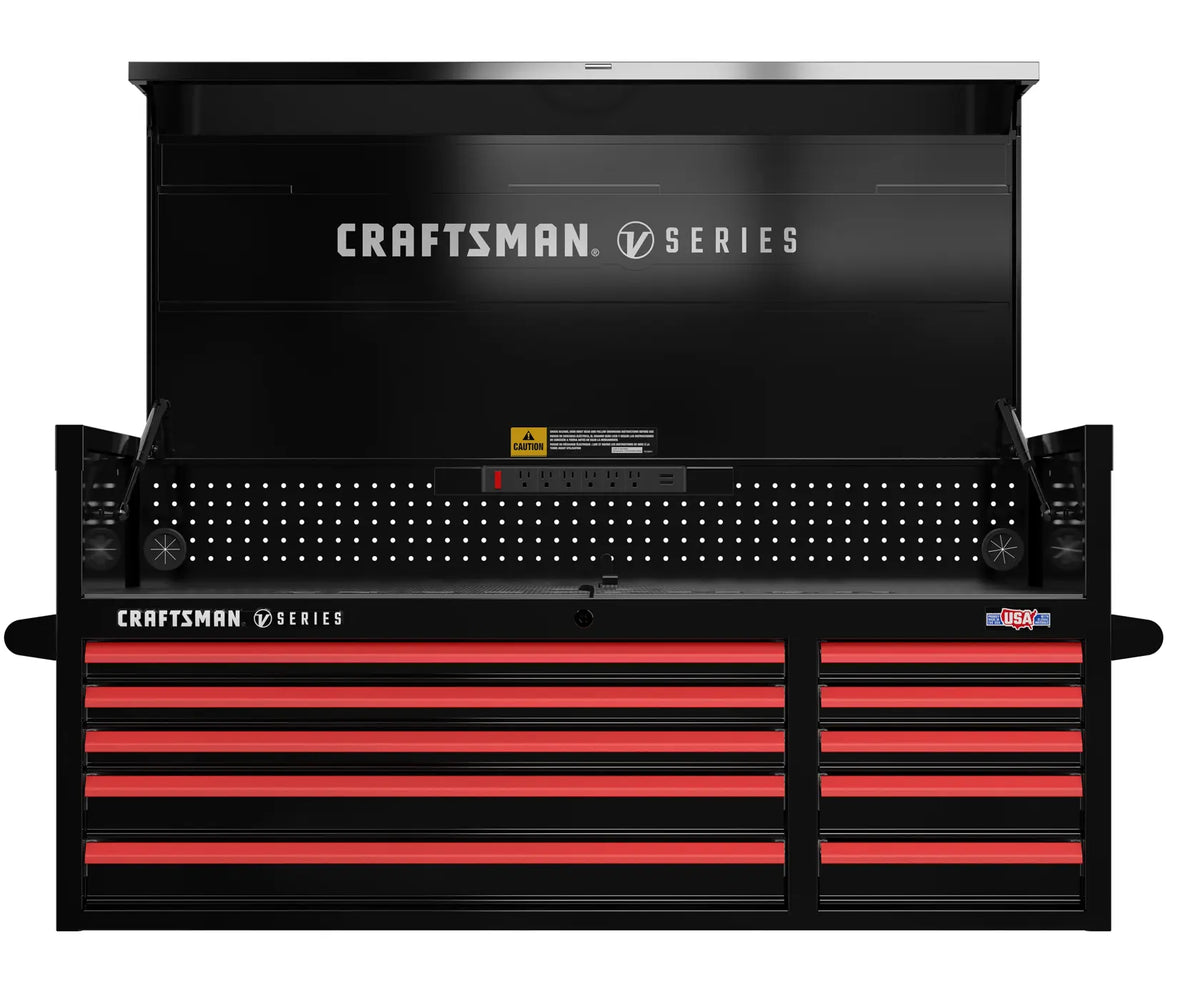 A black and red Craftsman V Series tool chest with multiple drawers and an open top lid. The chest features a pegboard, a power strip inside, and Craftsman branding on the front.