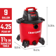 Front angle photo of Craftsman wet/dry vacuum CMXEVBE18590, red body, black top, 9 gal, 4.25 HP, wheeled base.